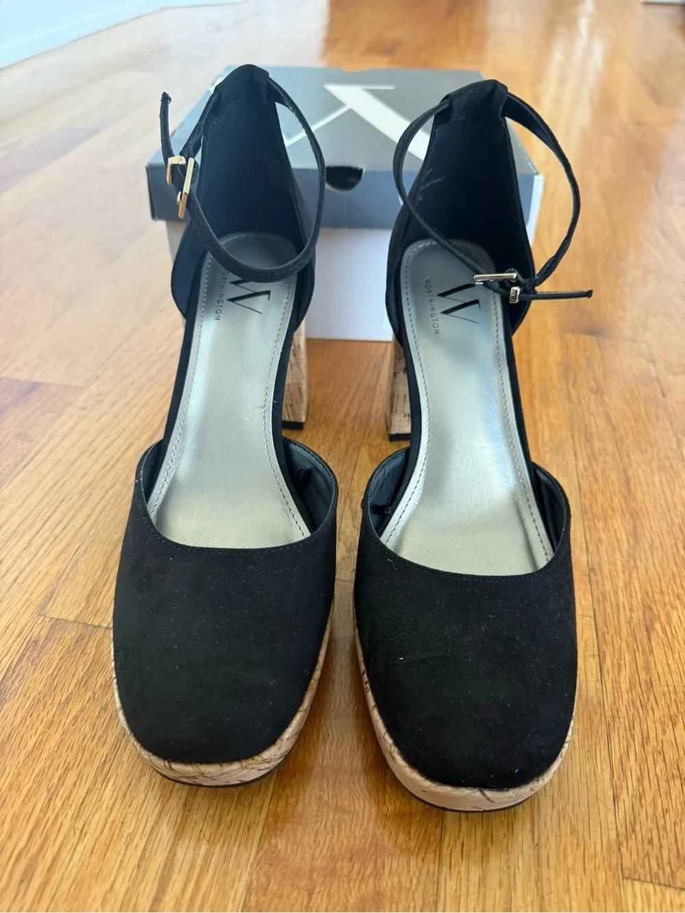 Worthington Black Suede Cork Block Heel Sandals